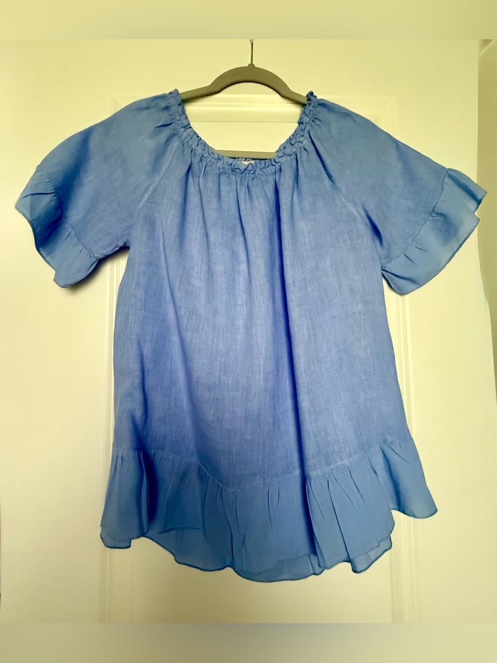 Light Blue Ruffle-Hem Linen Peasant Tunic